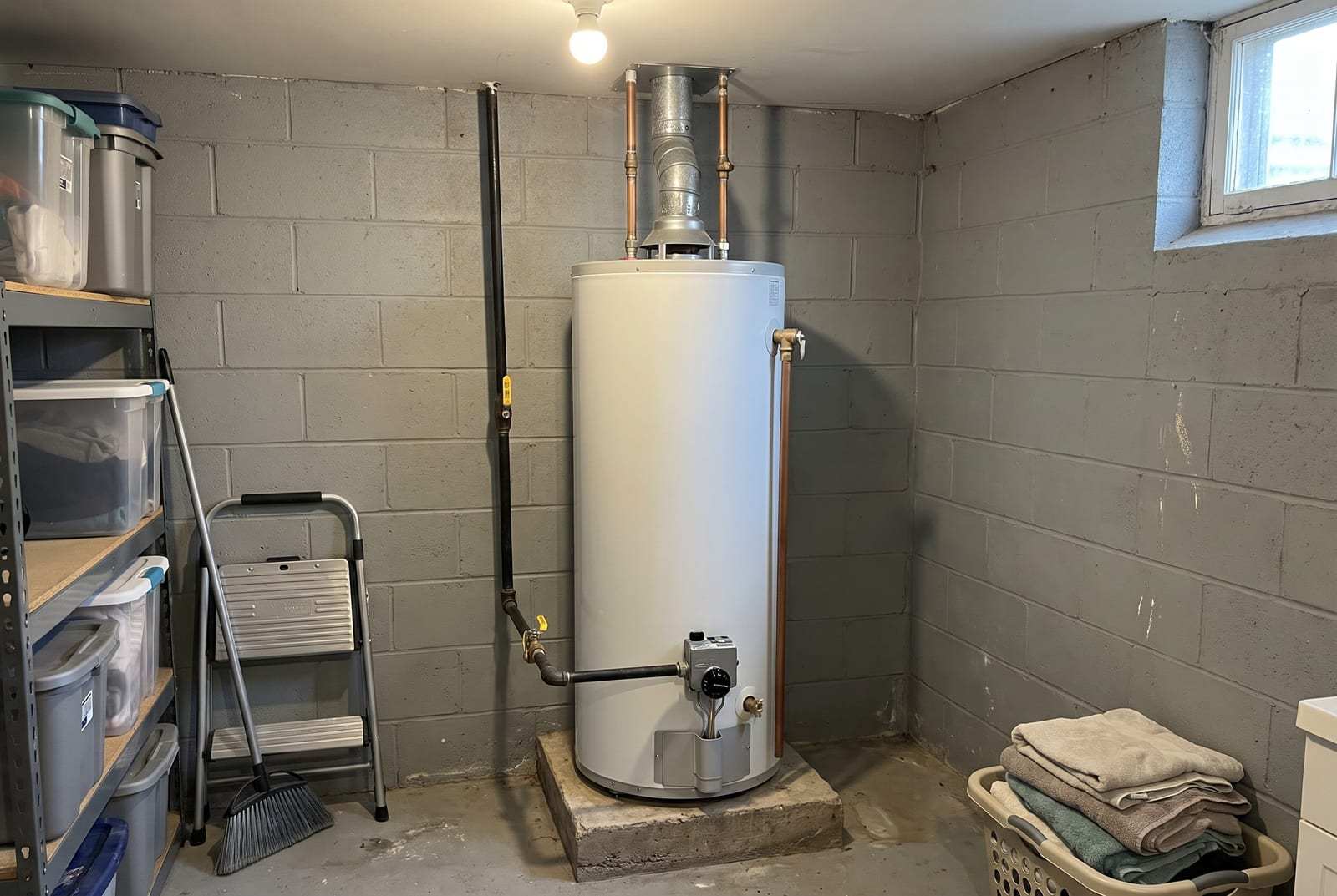 Gas tank water heater with its vent pipe and gas valve in a basement utility corner