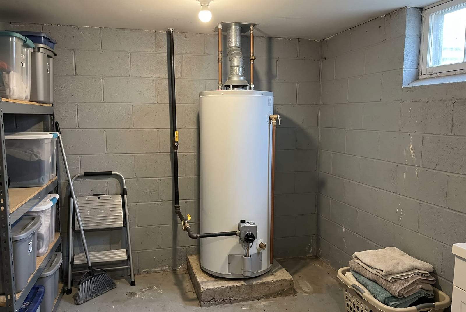 Gas tank water heater with its vent pipe and gas valve in a basement utility corner