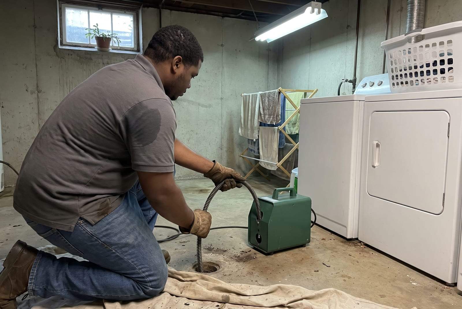 Technician feeding a drain cable into a basement floor drain beside a washer and dryer