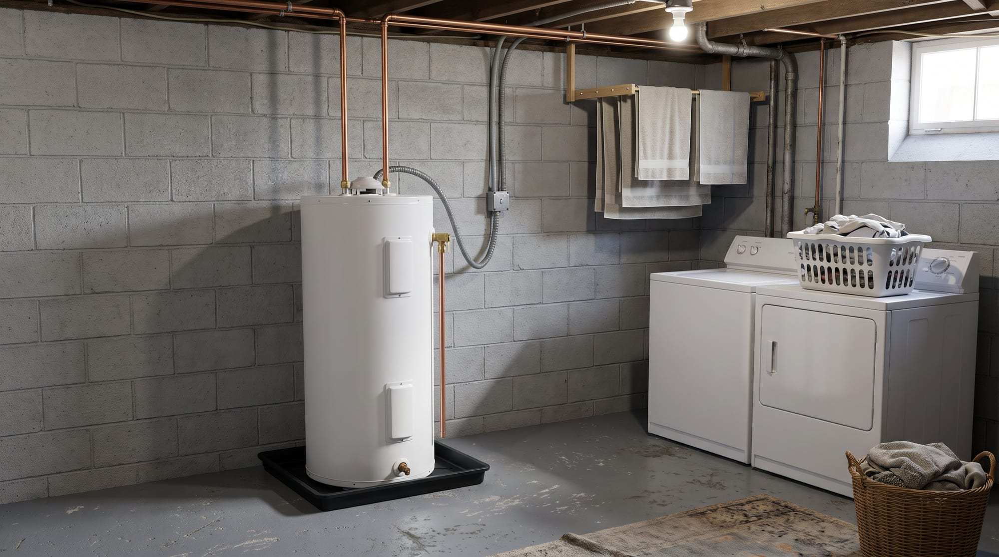 Electric tank water heater on a drain pan in a basement laundry corner