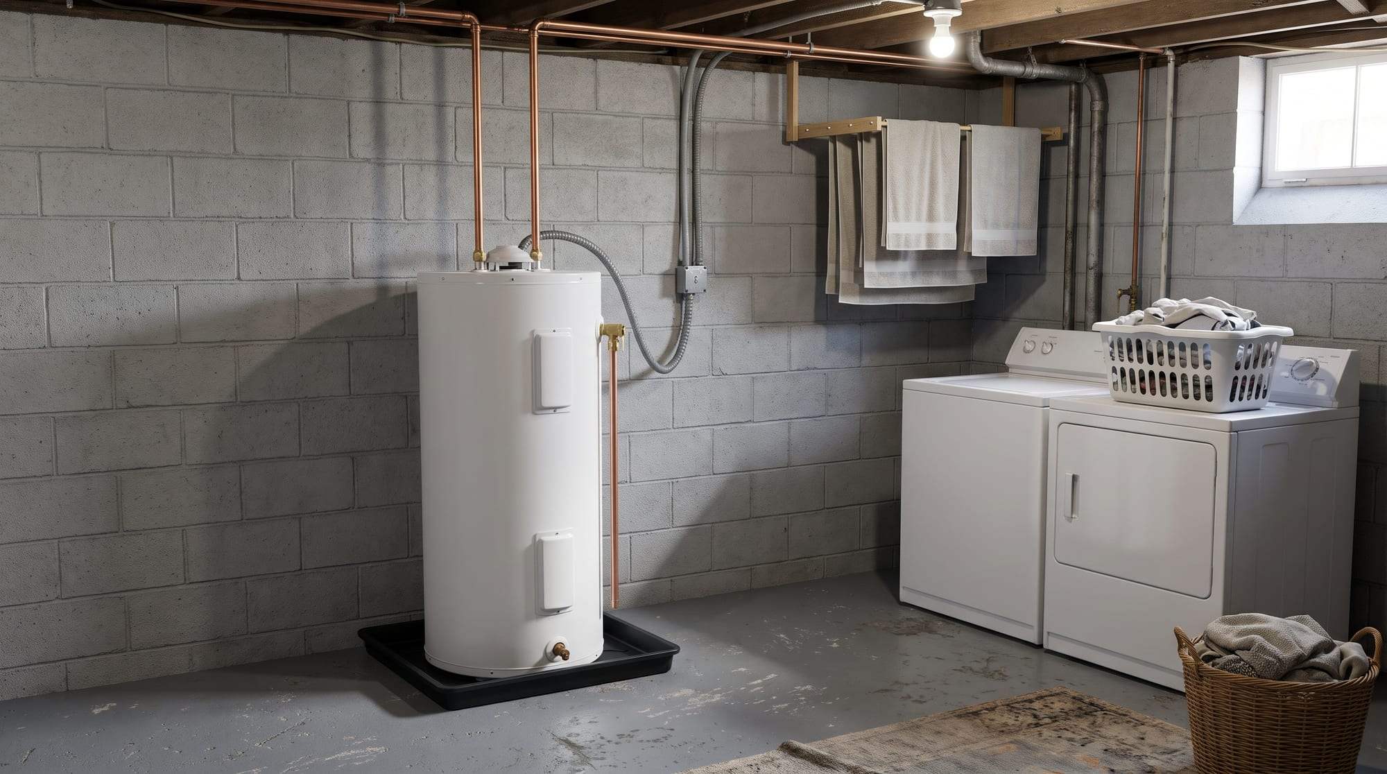 Electric tank water heater on a drain pan in a basement laundry corner