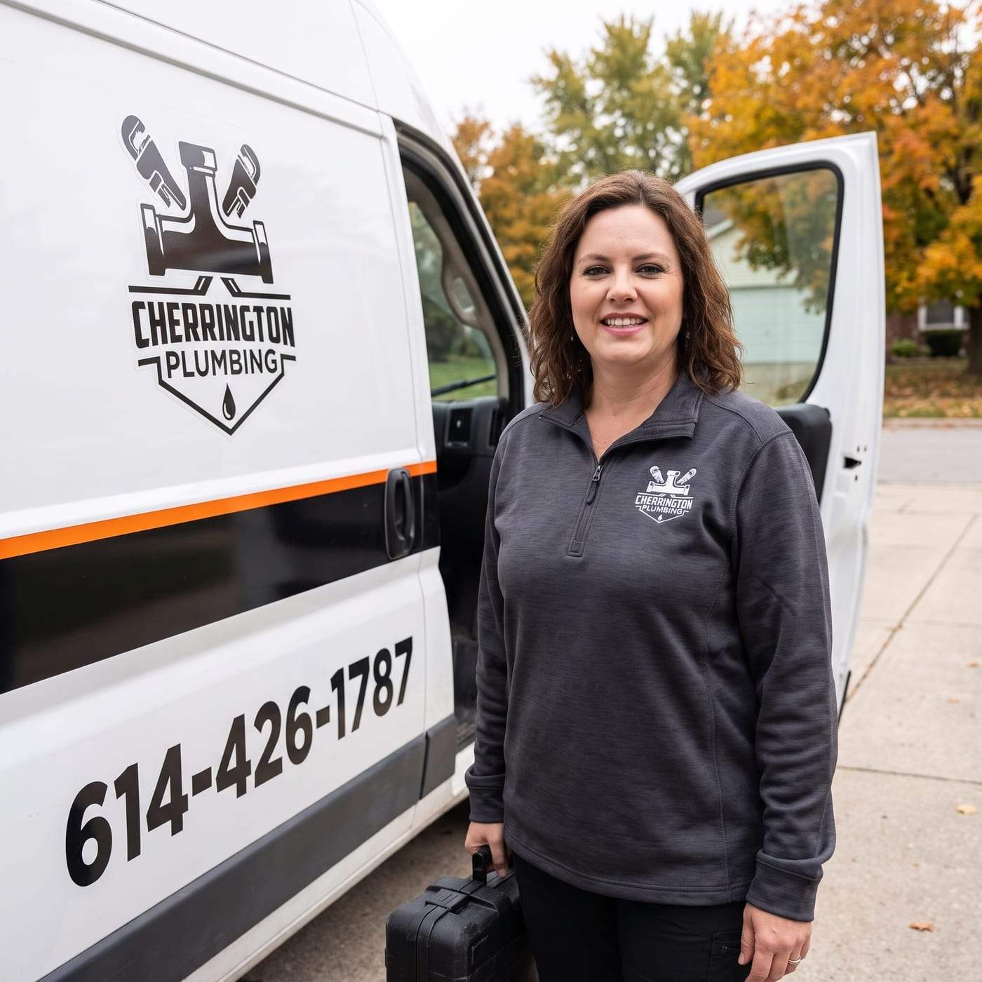 Amy Graham in a charcoal Cherrington Plumbing pullover, holding a tool case beside the company van